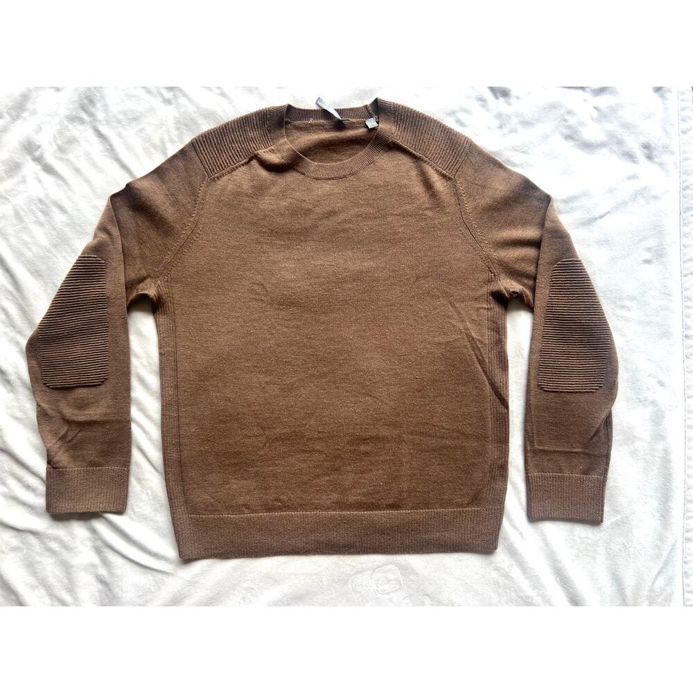 Vince Men’s Merino Wool Crewneck Sweater Brown Elbow Patch Size M